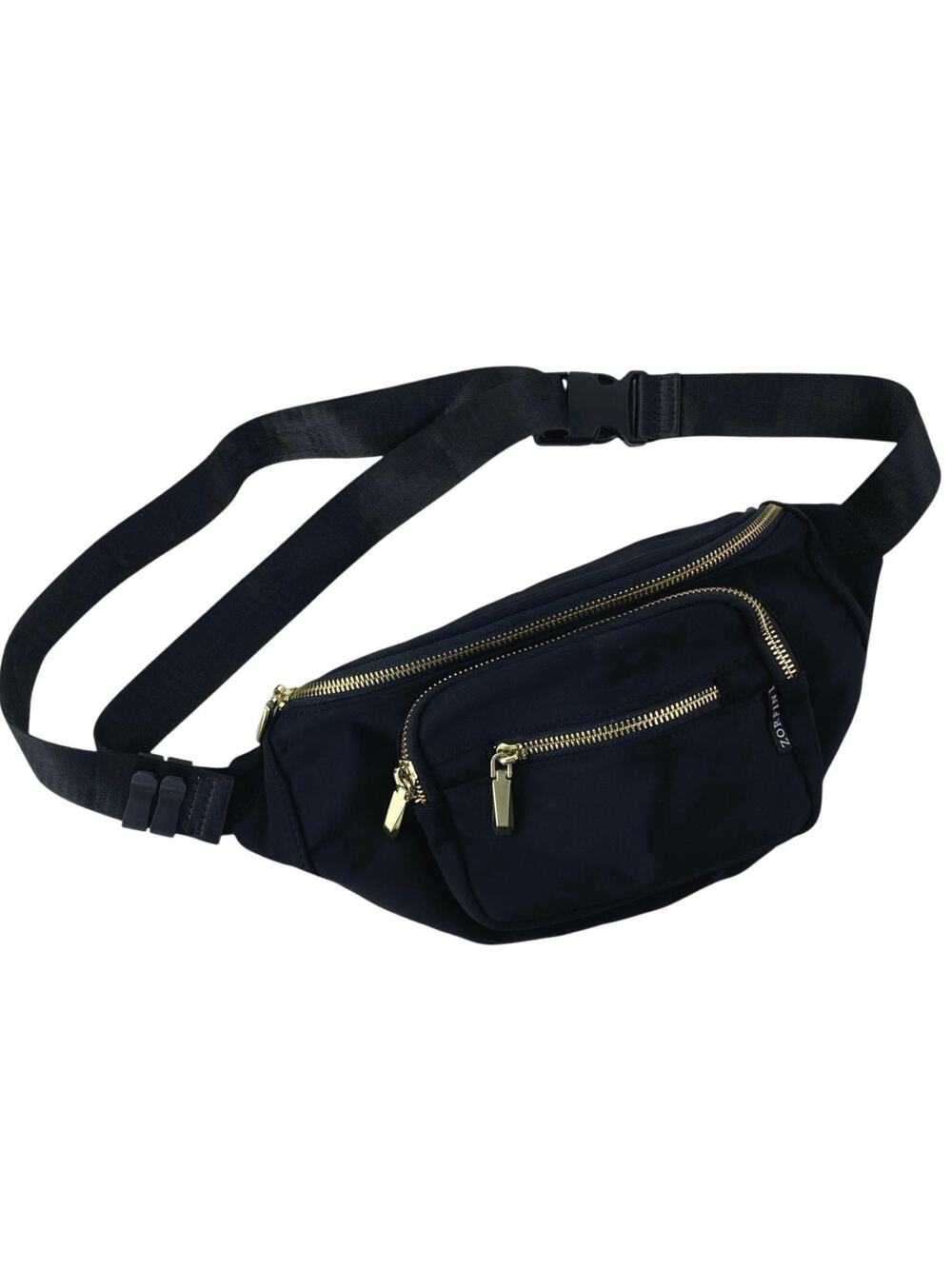 Zorfin Women's Black Gold Accent Adjustable Strap Travel Crossbody Belt Bag OS